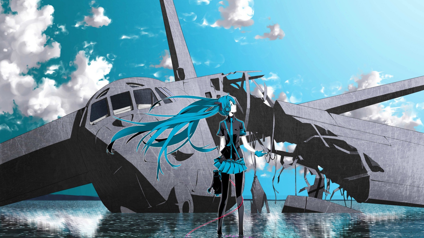 Аниме девушка у рухнувшего самолета