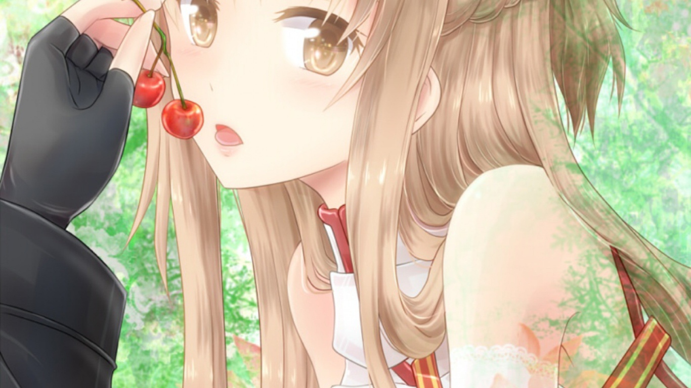 Аниме девушка Yuuki Asuna кушает вишни