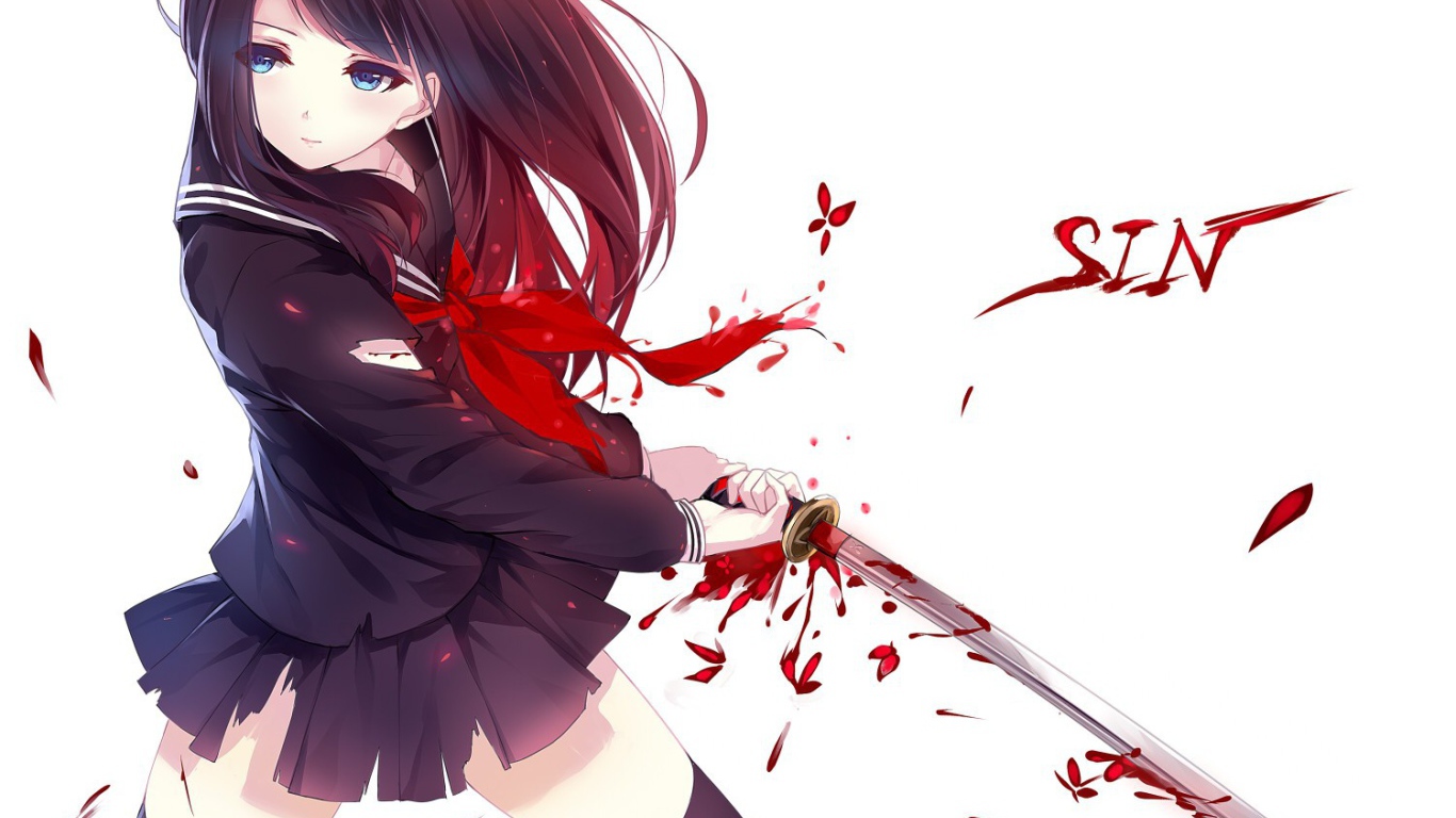 Девушка аниме держит катану с каплями крови