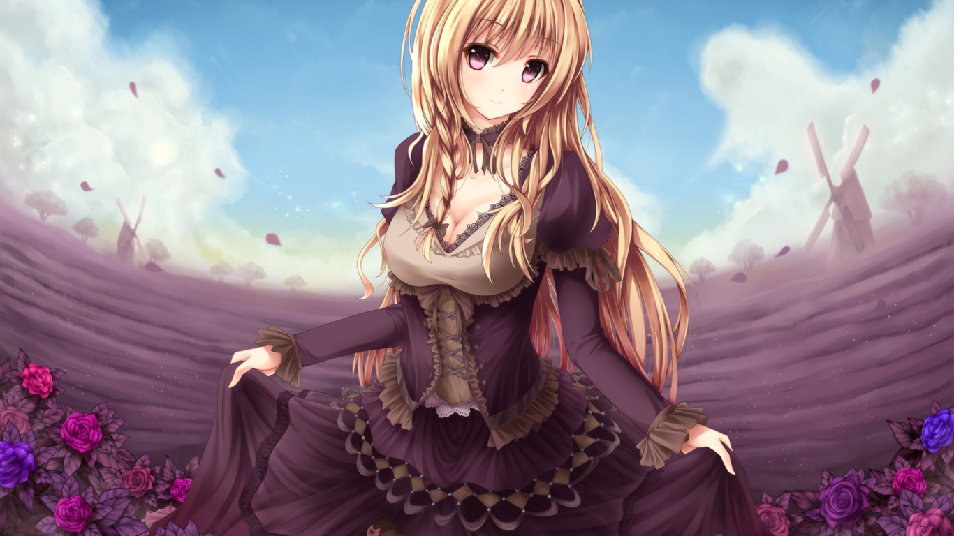 Аниме девушка в шикарном черном платье