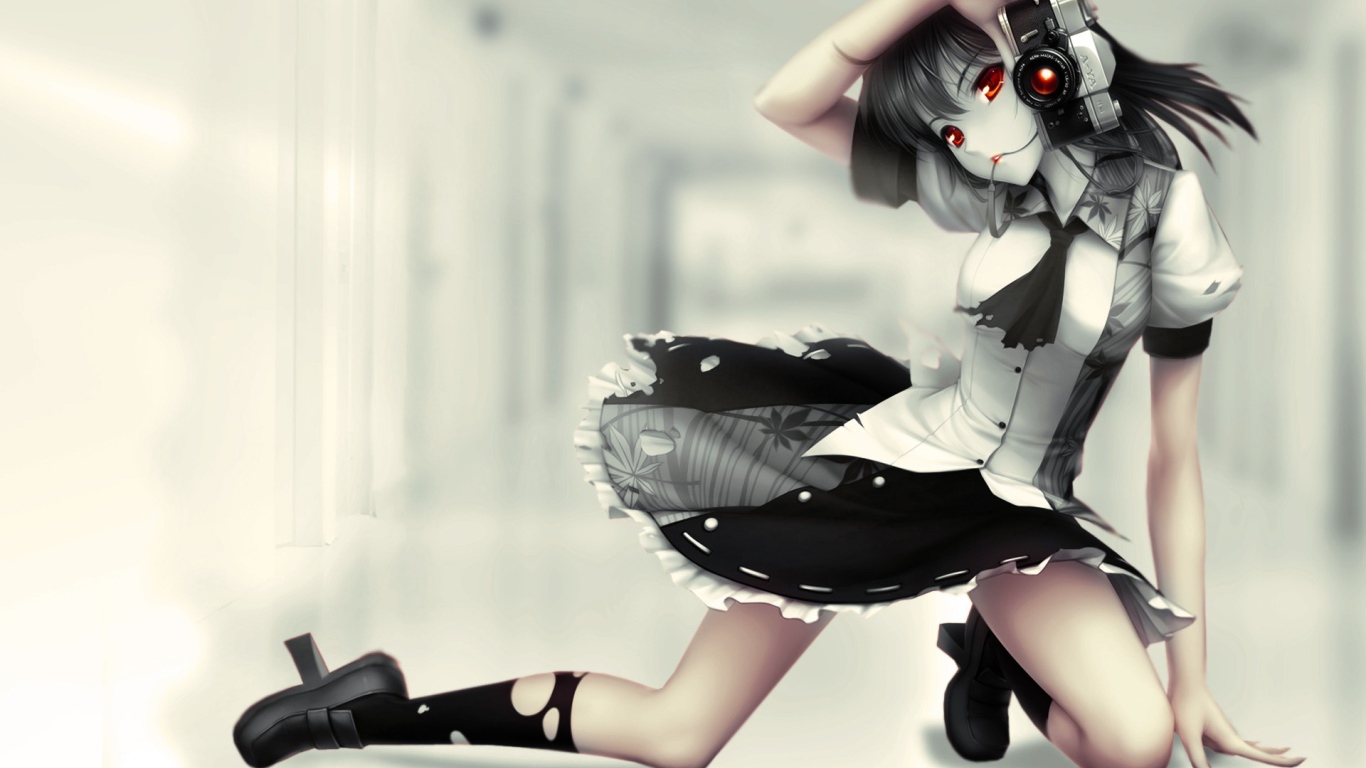 Аниме девушка с красными глазами и фотоаппаратом