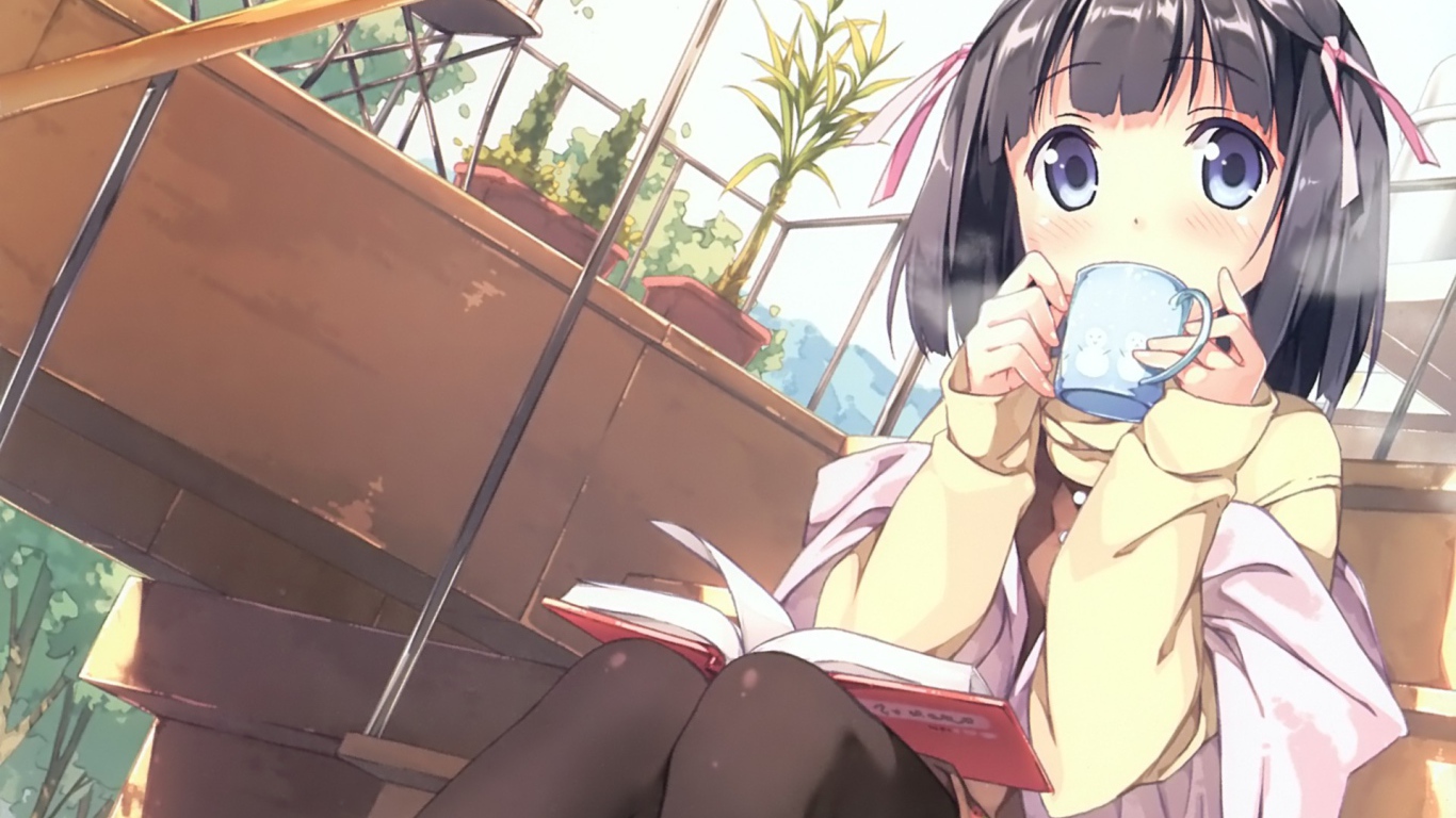 Девушка пьет чай в аниме Одному лишь Богу ведомый мир