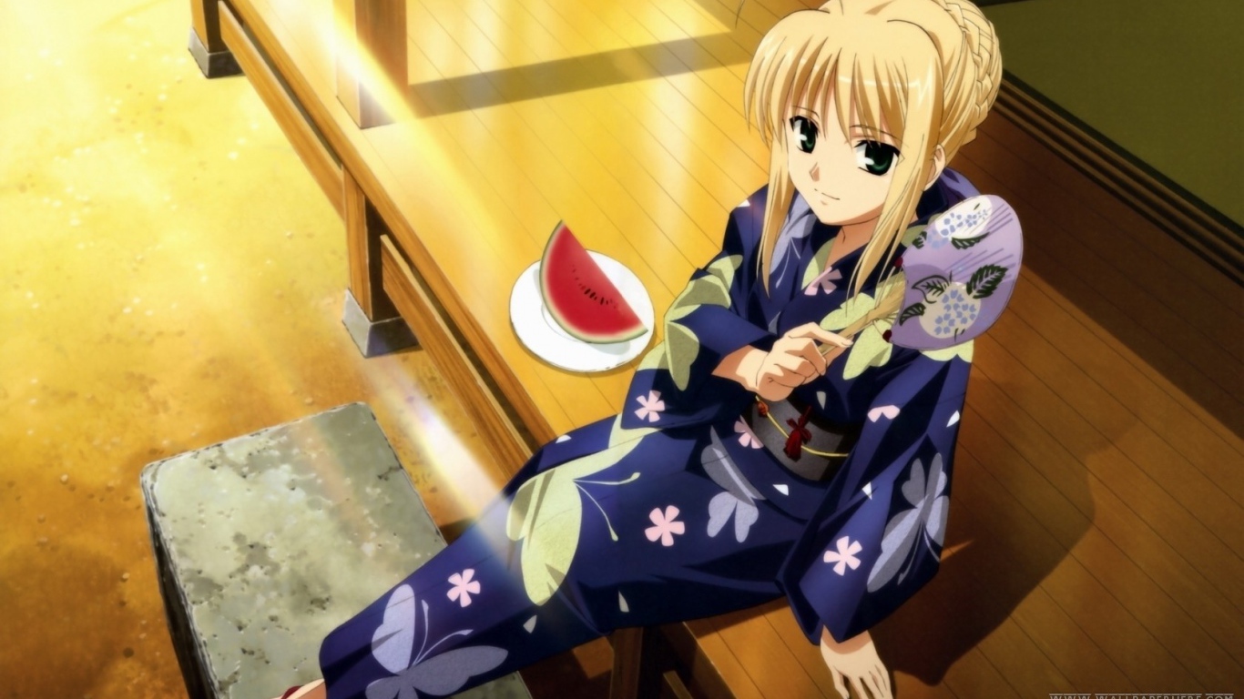 Девушка кушает арбуз в аниме Fate Series