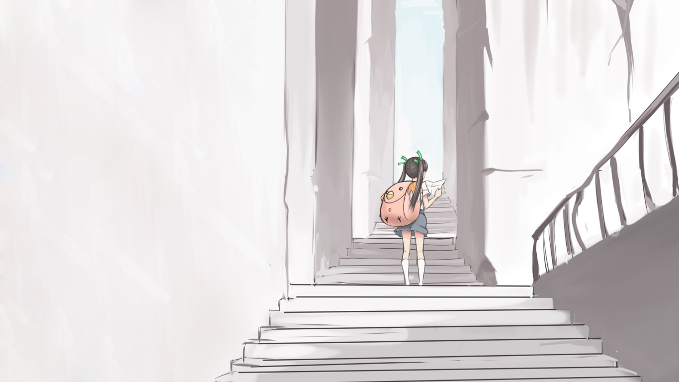 Девушка идет по лестнице аниме