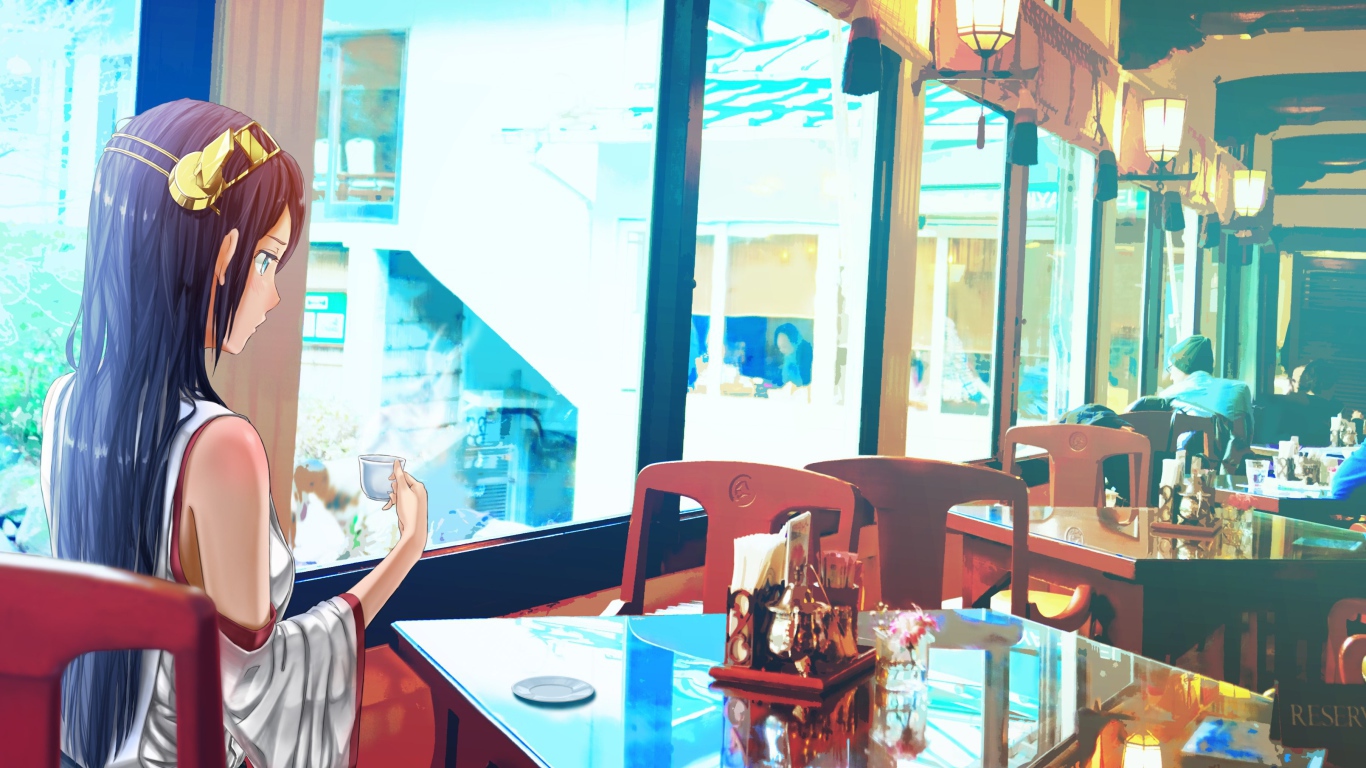 Девушка в кафе в аниме Kantai Collection