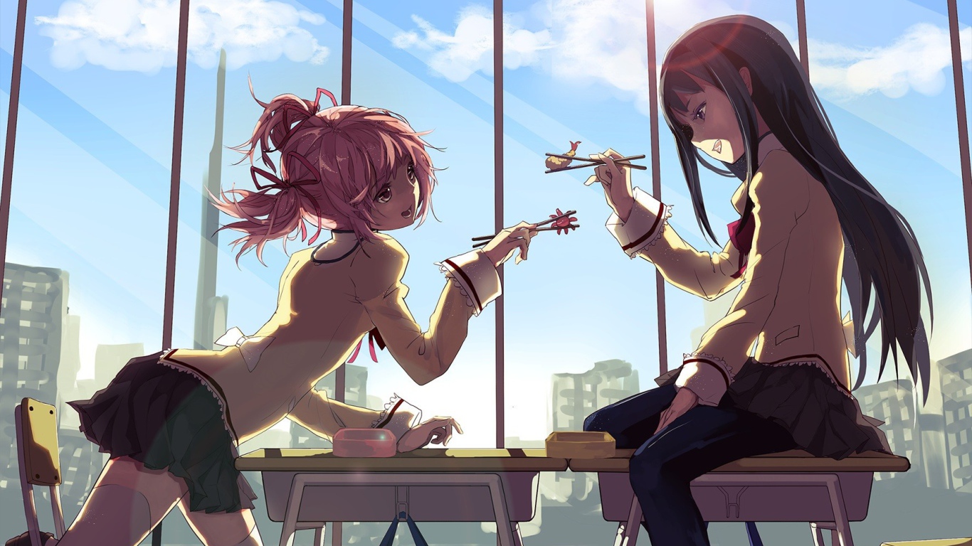 Девушки кушают свой обед, Девочка-волшебница Мадока