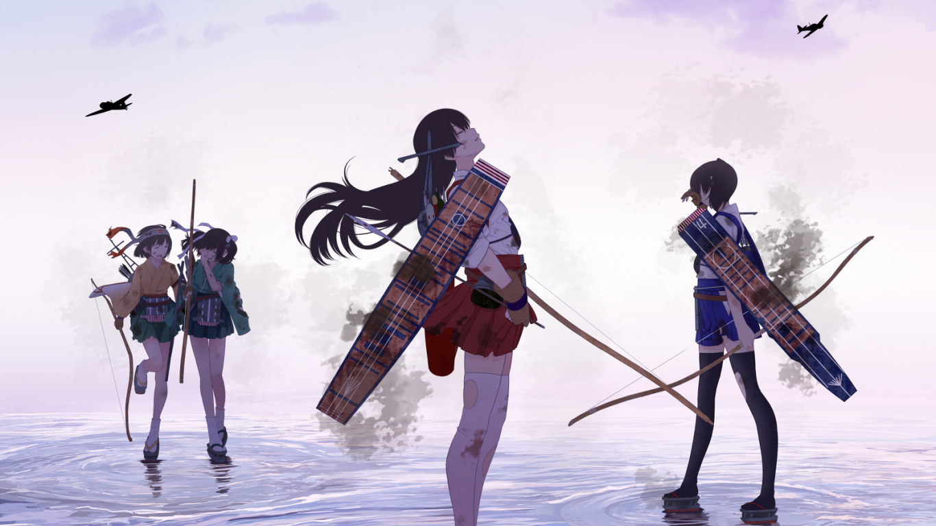 Девушки идут по воде в аниме Kantai Collection