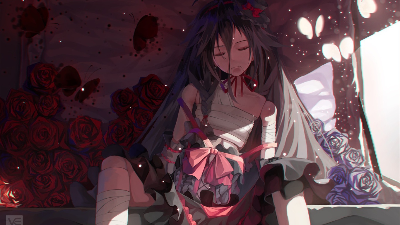 Грустный вокалоид среди роз