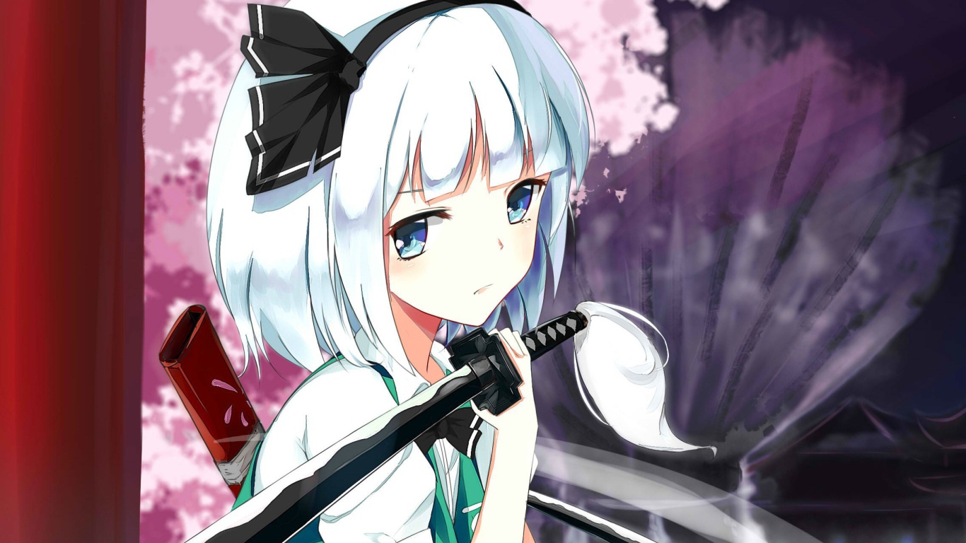 Грустная аниме девушка Konpaku Youmu с мечом на плече