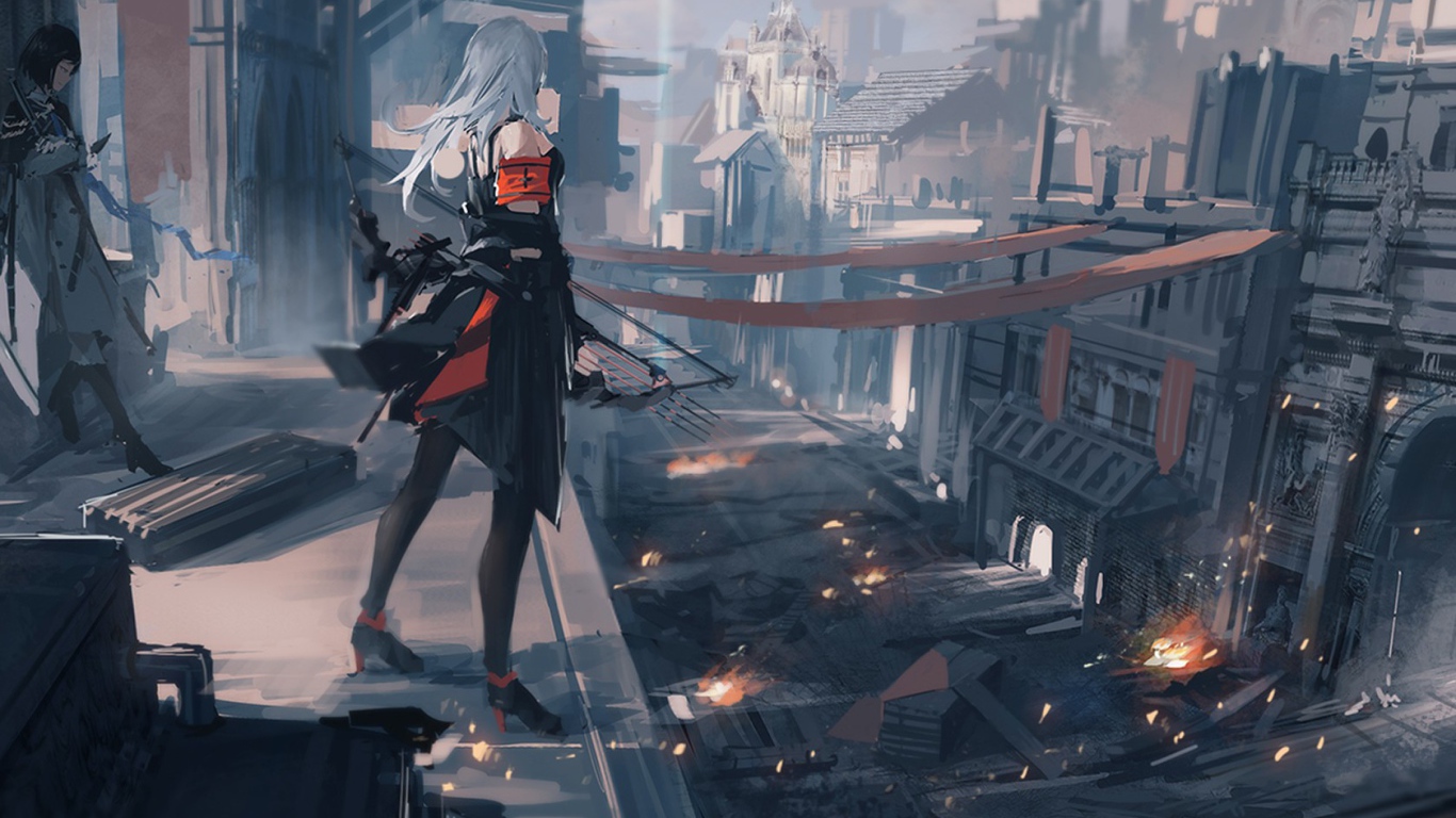 Девушка смотрит на город с высоты, аниме Pixiv Fantasia T