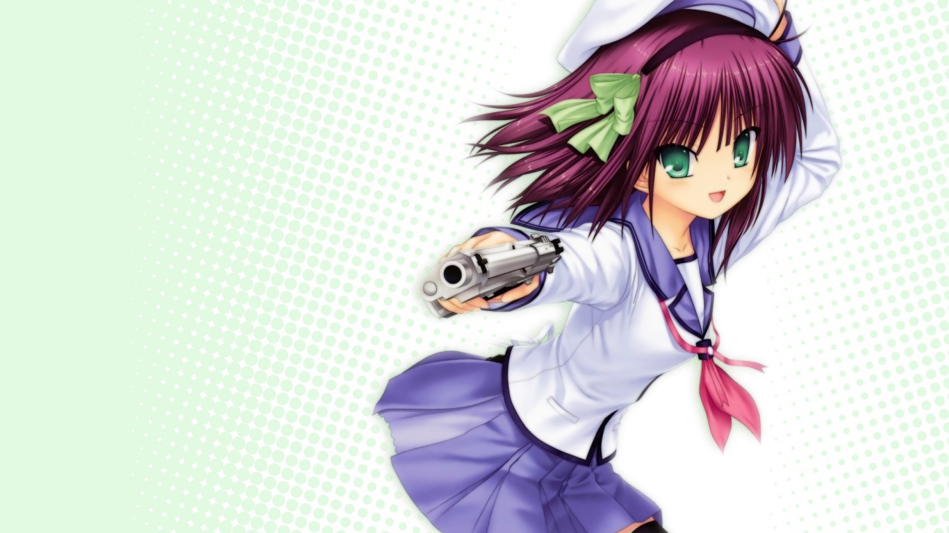 Девушка с пистолетом на голубом фоне, аниме Ангельские ритмы