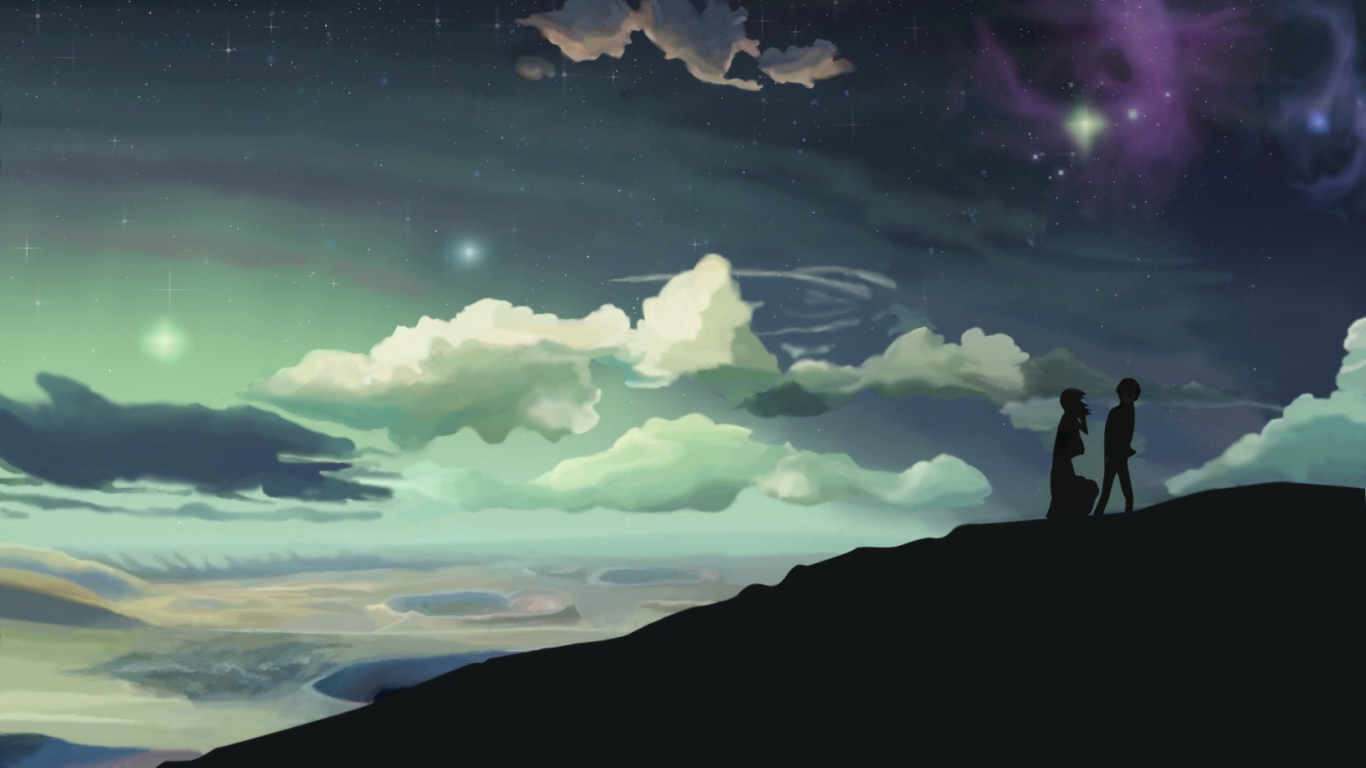Силуэты двух человек на холме в аниме 5 Centimeters Per Second