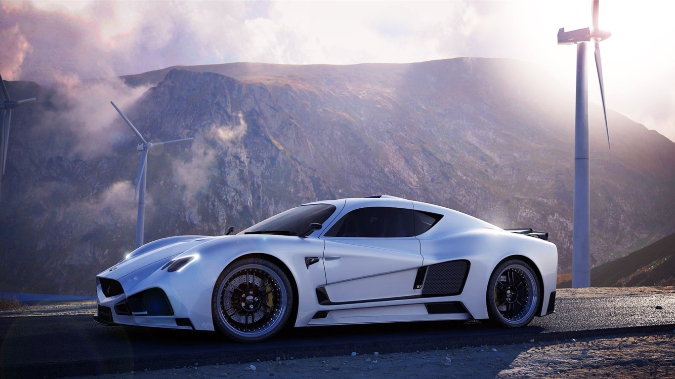 Авто Mazzanti Evantra V8 на фоне ветряков