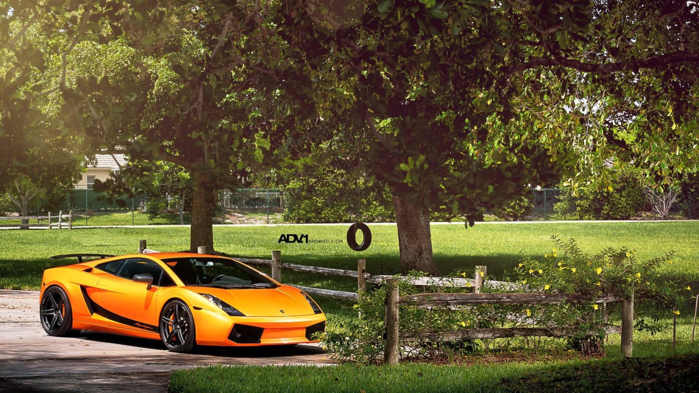 Оранжевый Lamborghini у фермерского забора