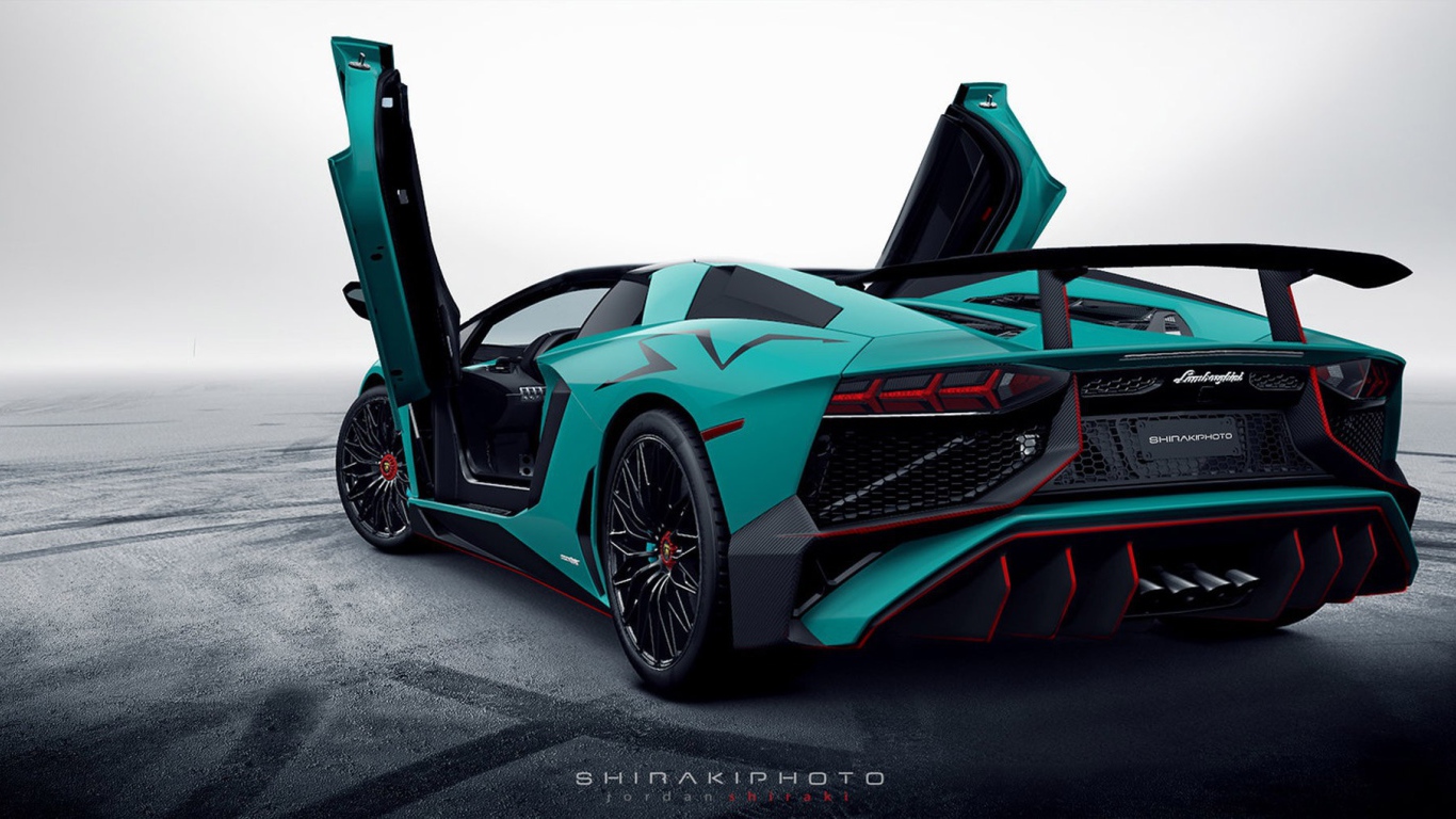 Вид сзади на светло зеленый Lamborghini Aventador