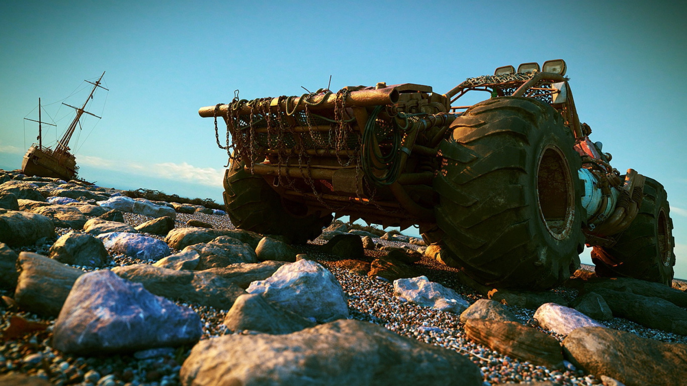 Вездеход на каменистом берегу