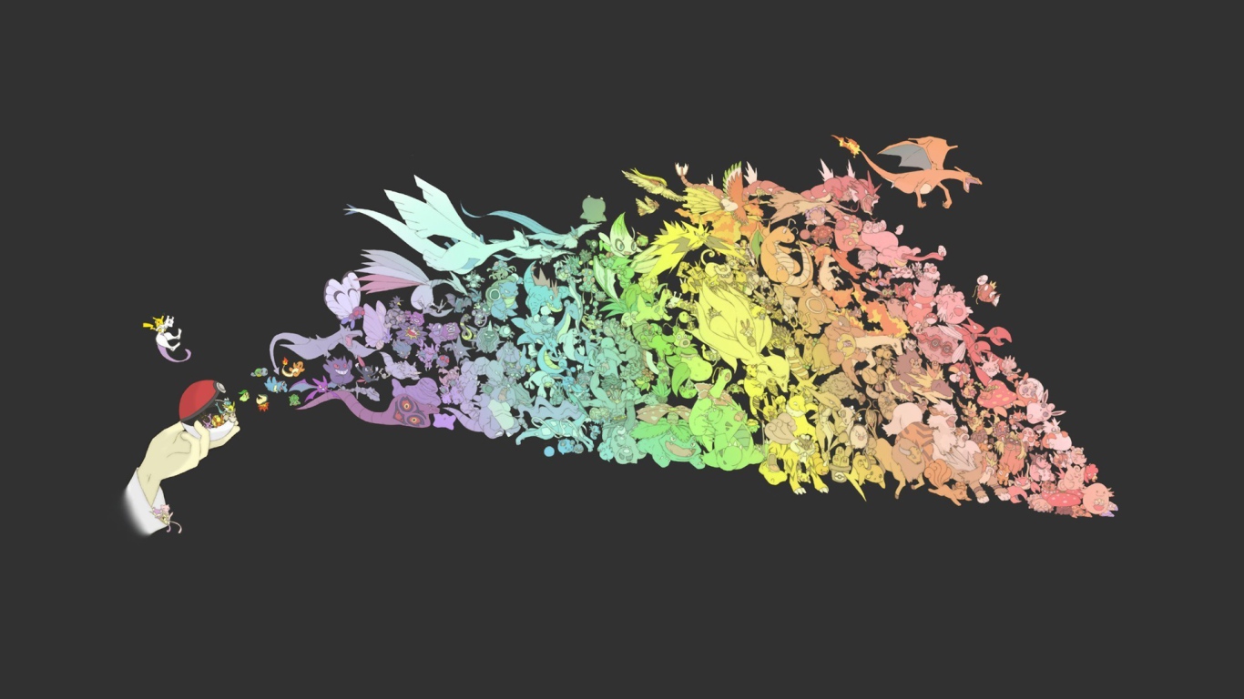 A flock of flying Pokemon on a gray background