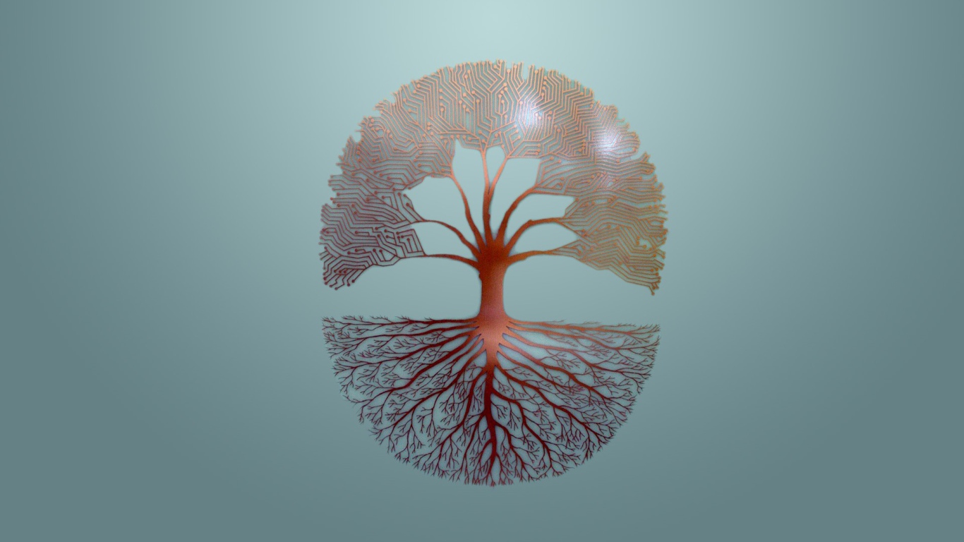 Ветви и корни дерева, серый фон