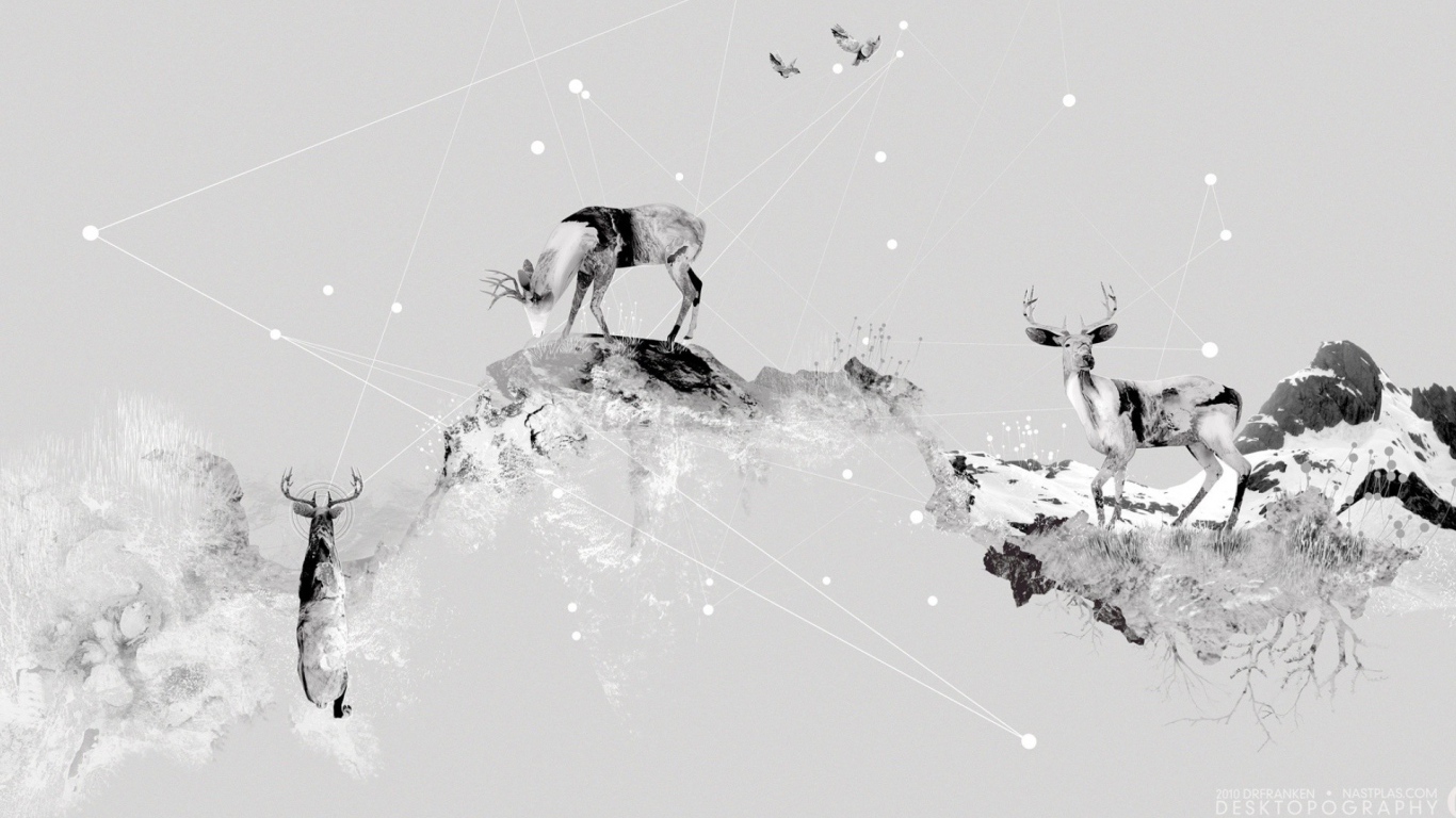 Олени в горах, серый фон