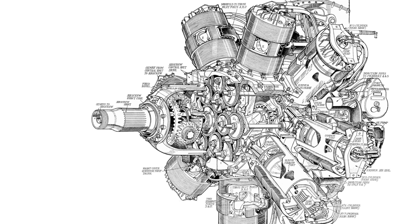 Чертеж мощного двигателя на белом фоне