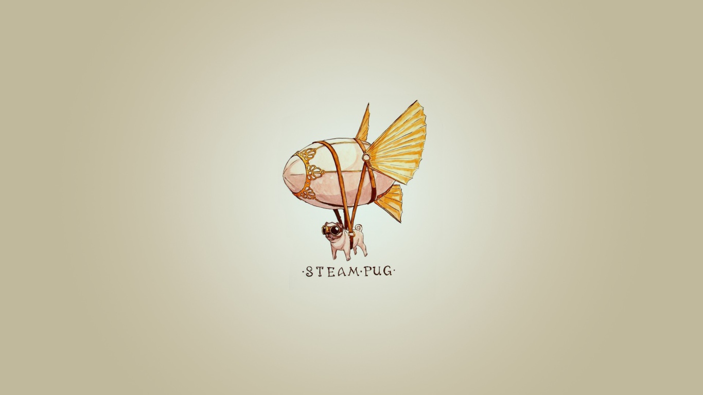 Мопс на дирижабле, серый фон