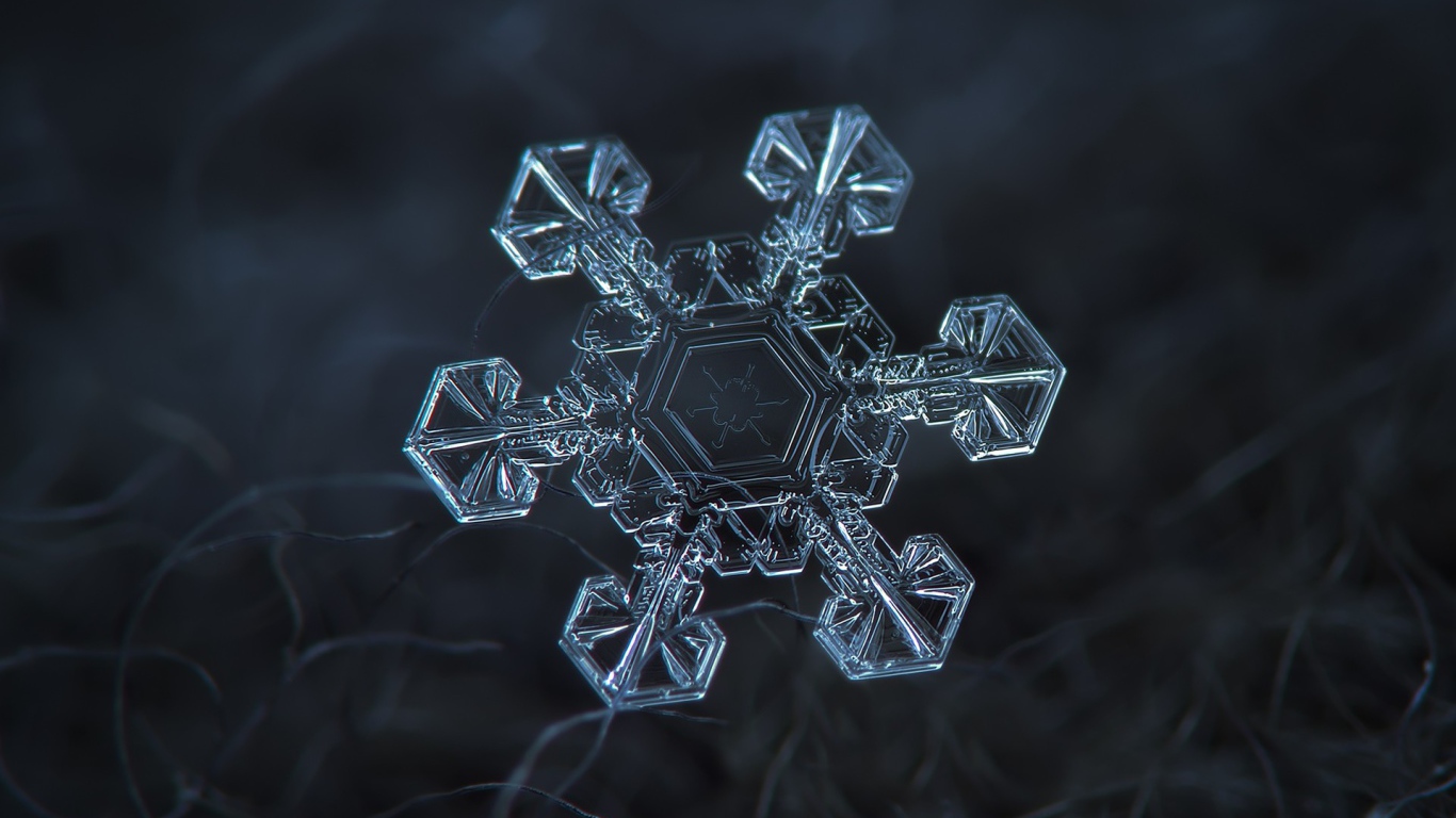 Снежинка под увеличением на черном фоне
