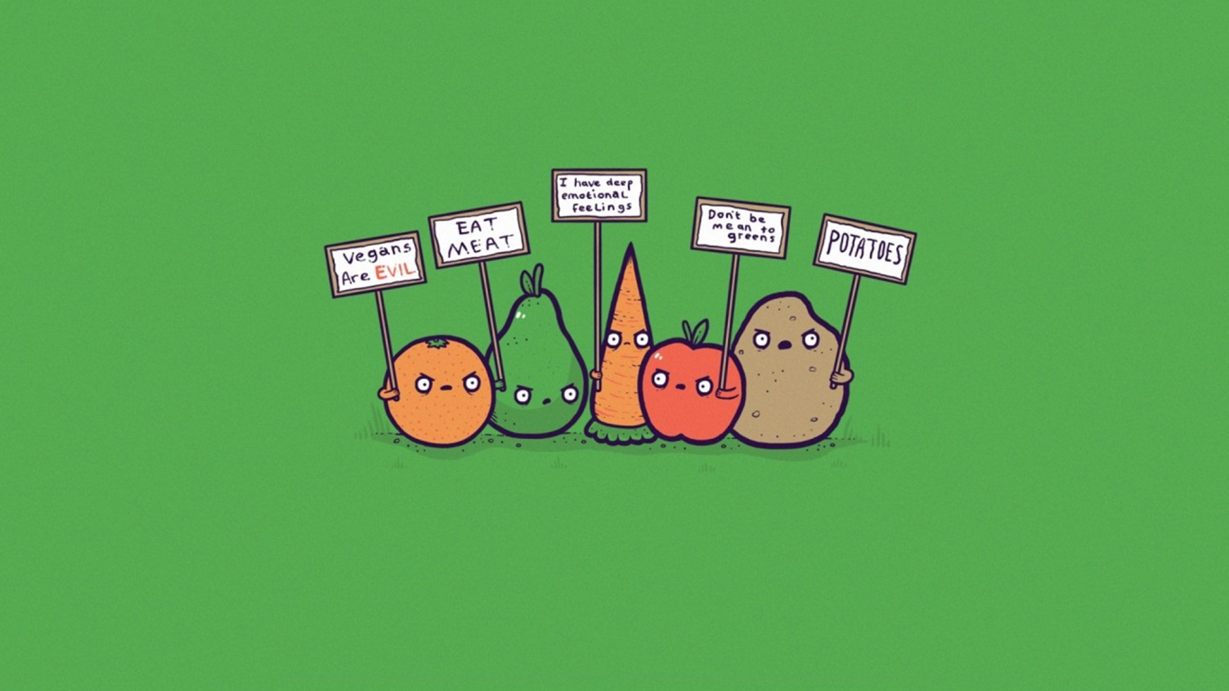 Овощи проводят митинг, зеленый фон