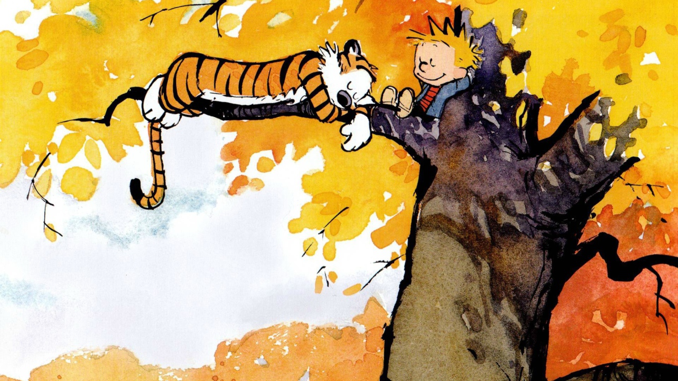 Comic book characters Calvin and Hobbes on the tree