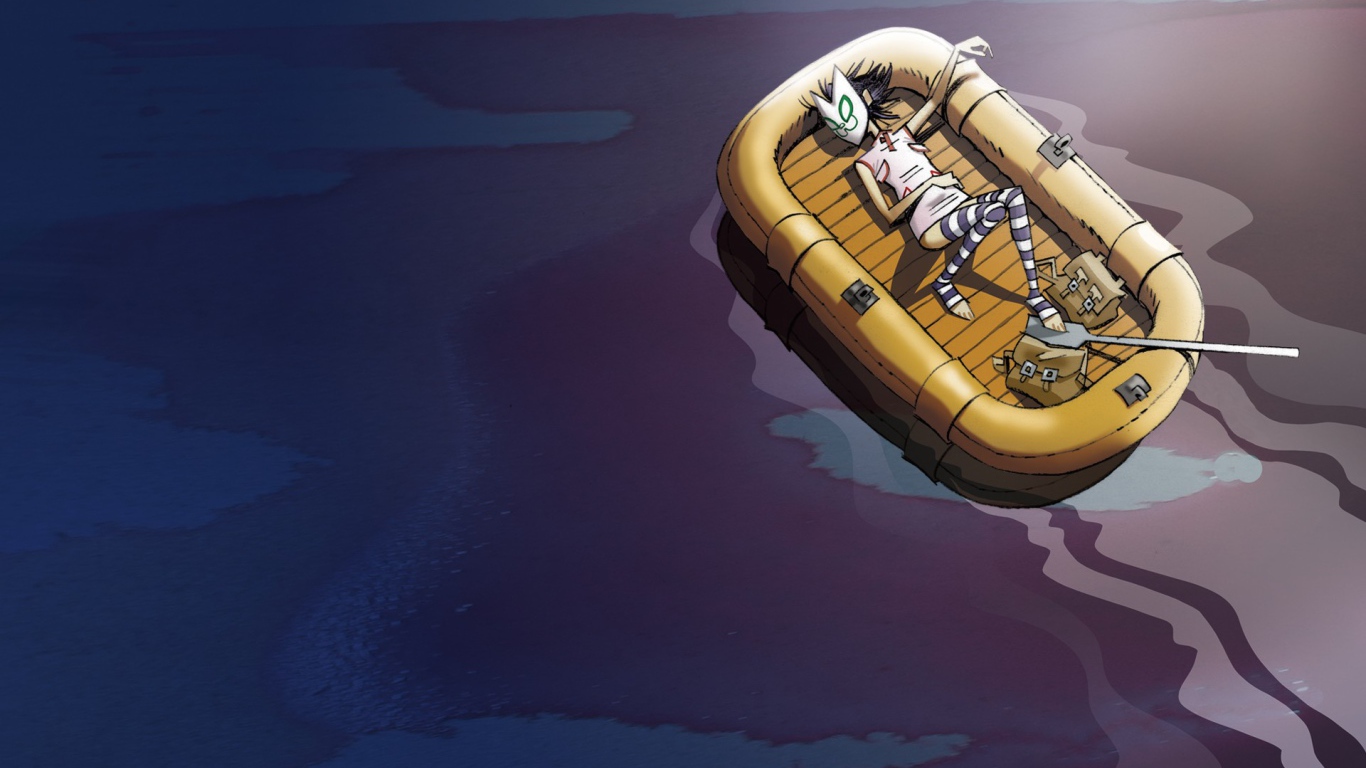 Человек в маске спит в надувной лодке, мультфильм