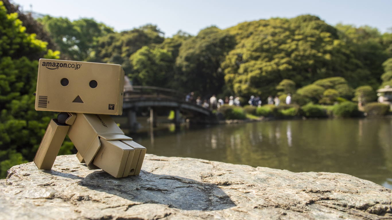 Картонный человечек на камне в саду