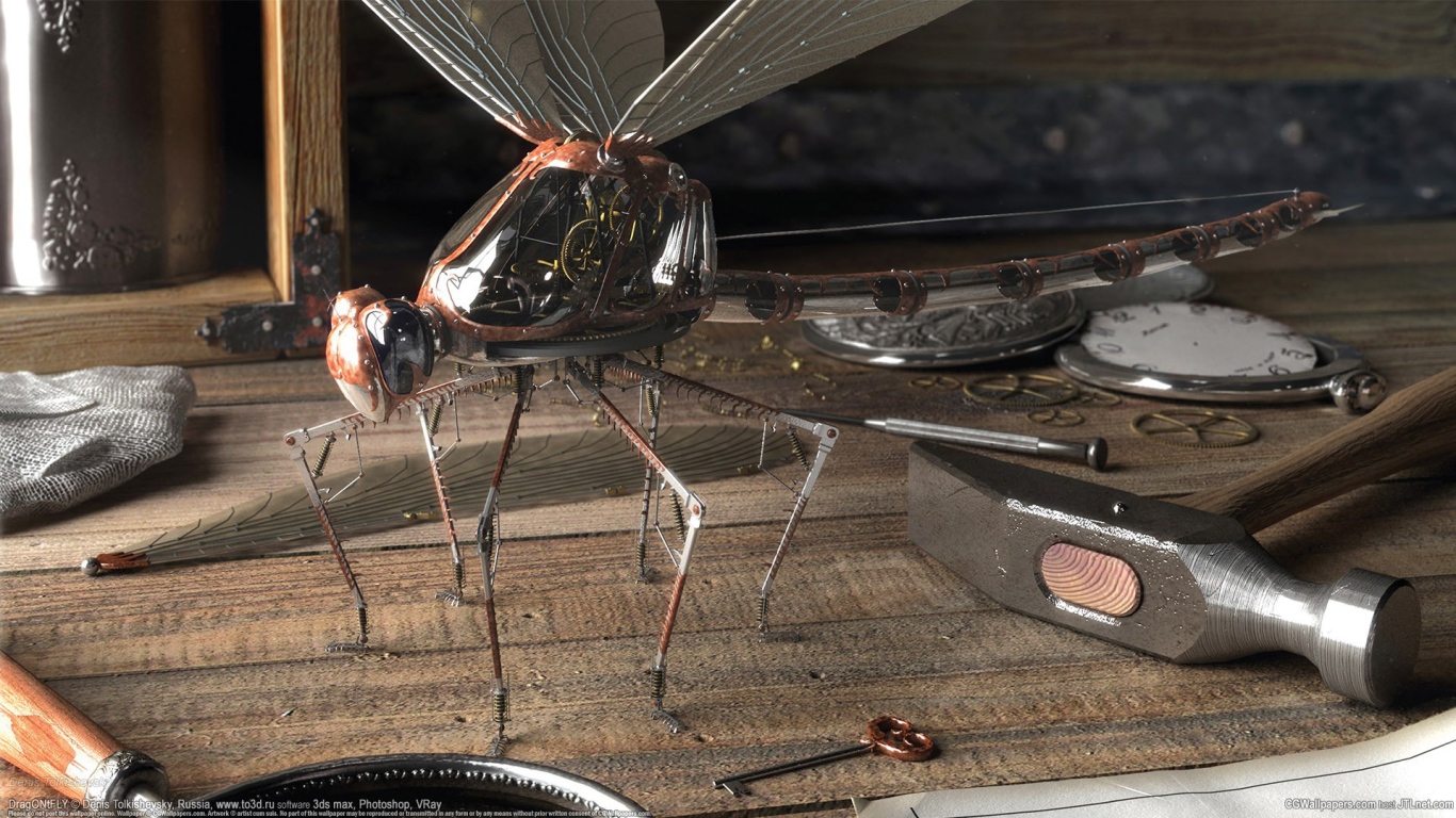 Механическая стрекоза в мастерской