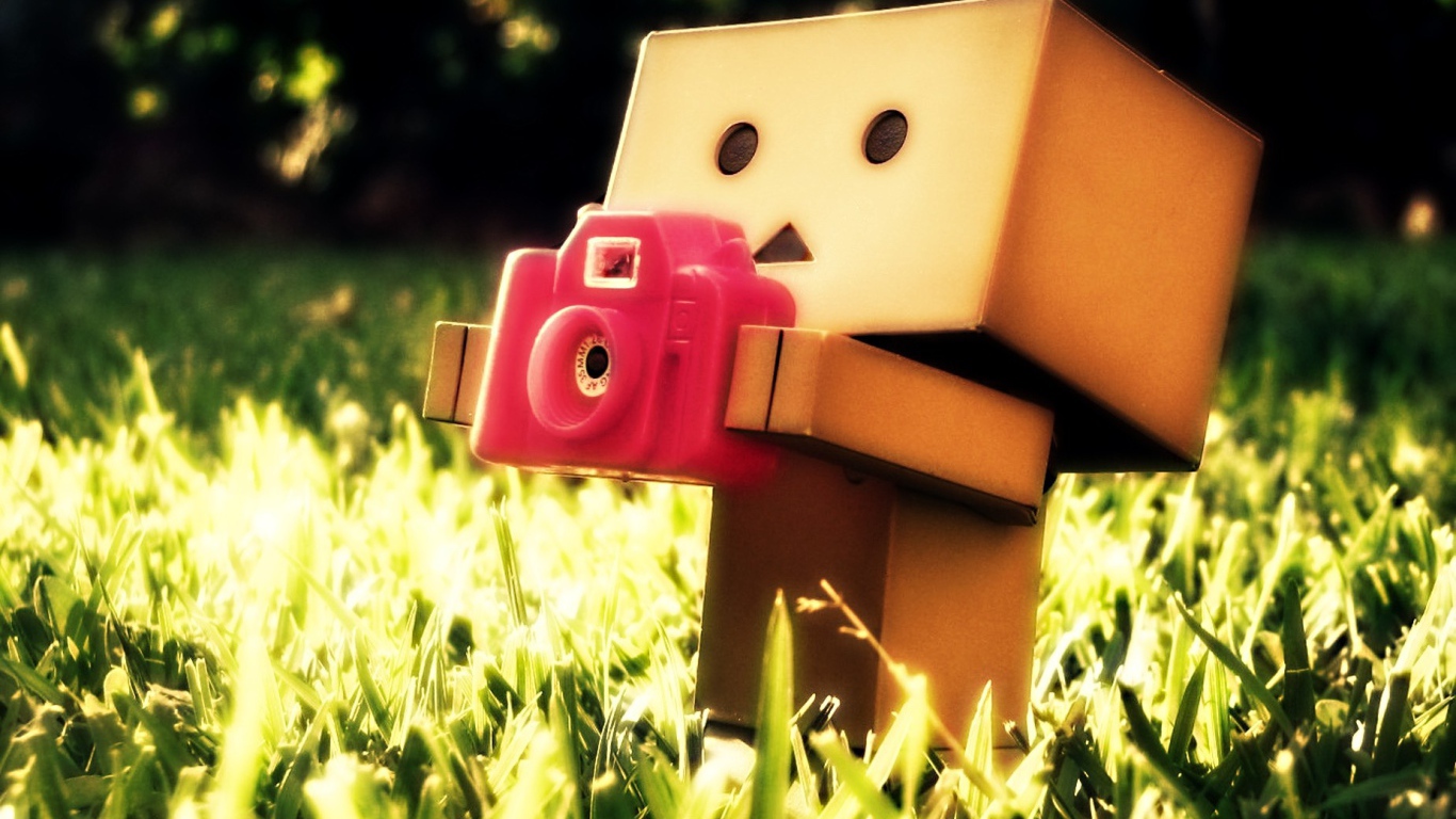 Картонный человечек с фотоаппаратом в траве