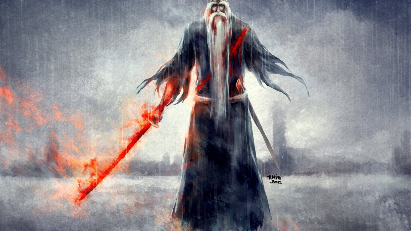 An old man with a flaming sword, the artist NanFe