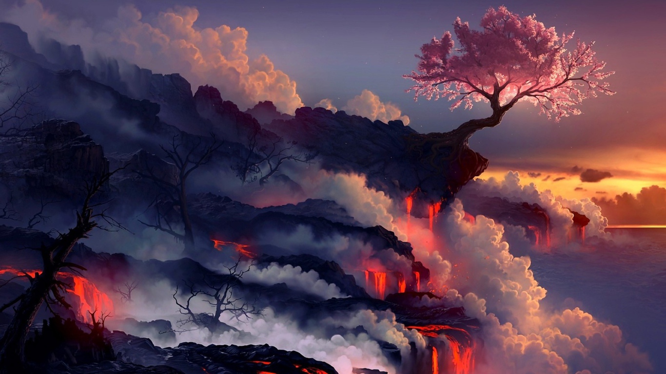 Цветущая вишня над потоками лавы