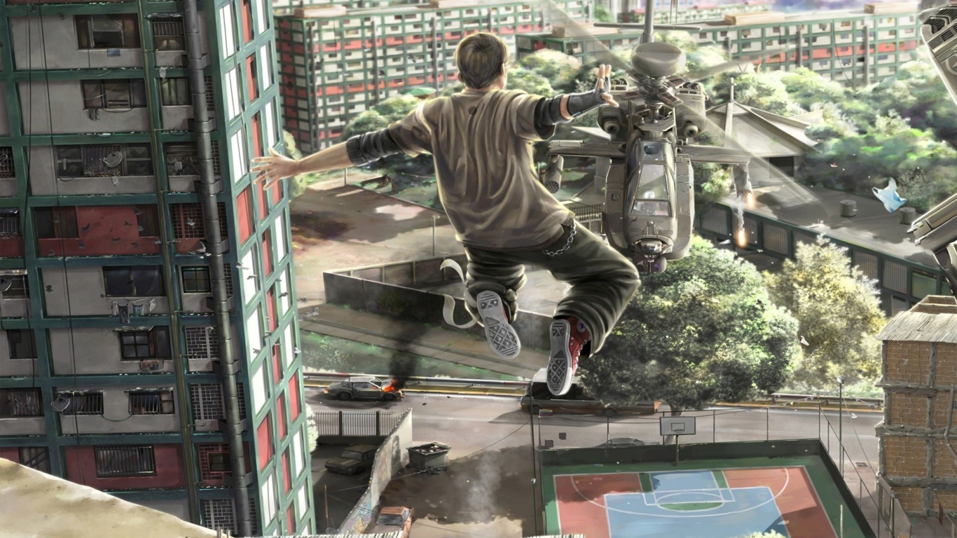 Паркурщик прыгает на вертолет