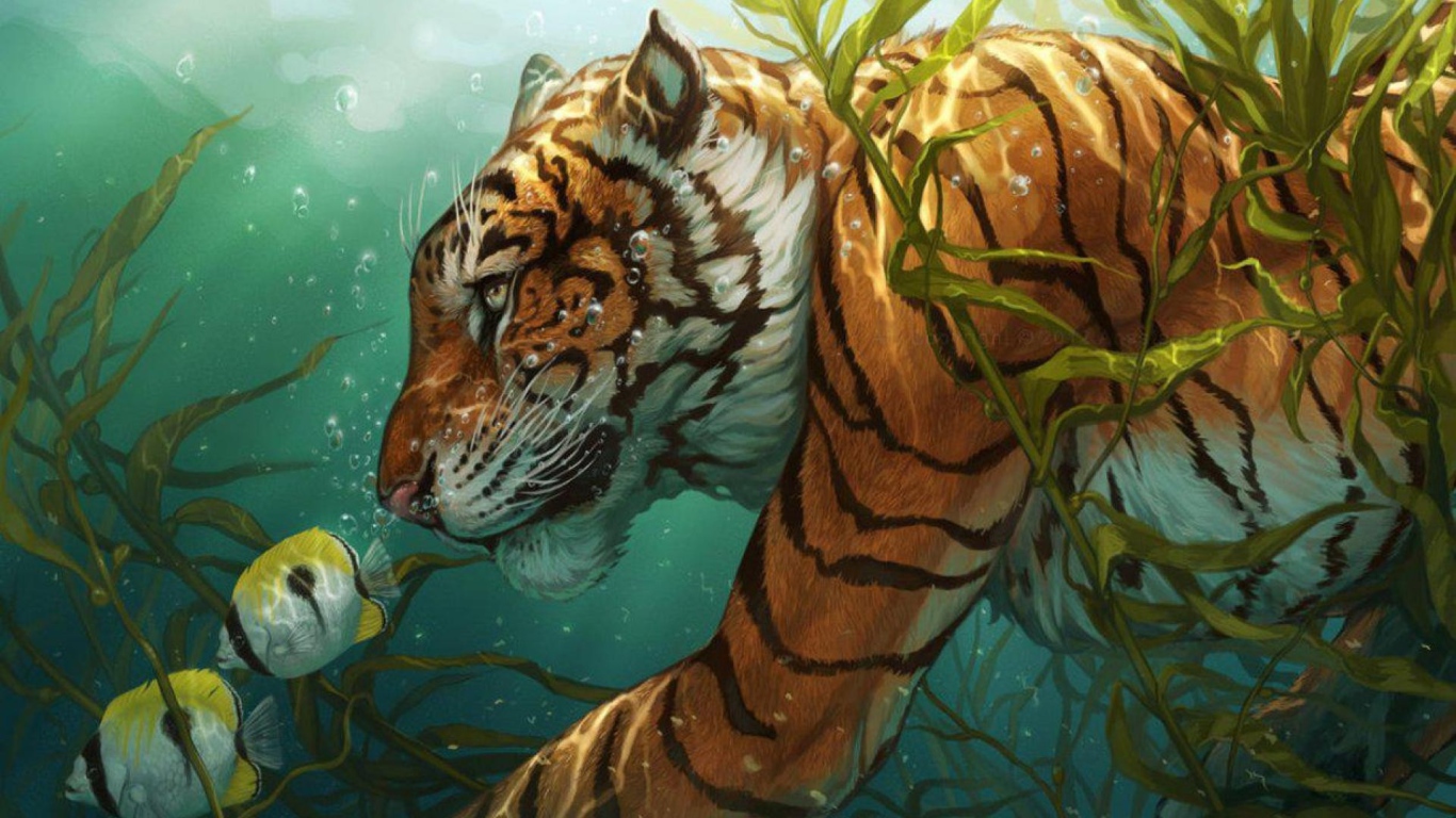 Тигр охотится на рыб
