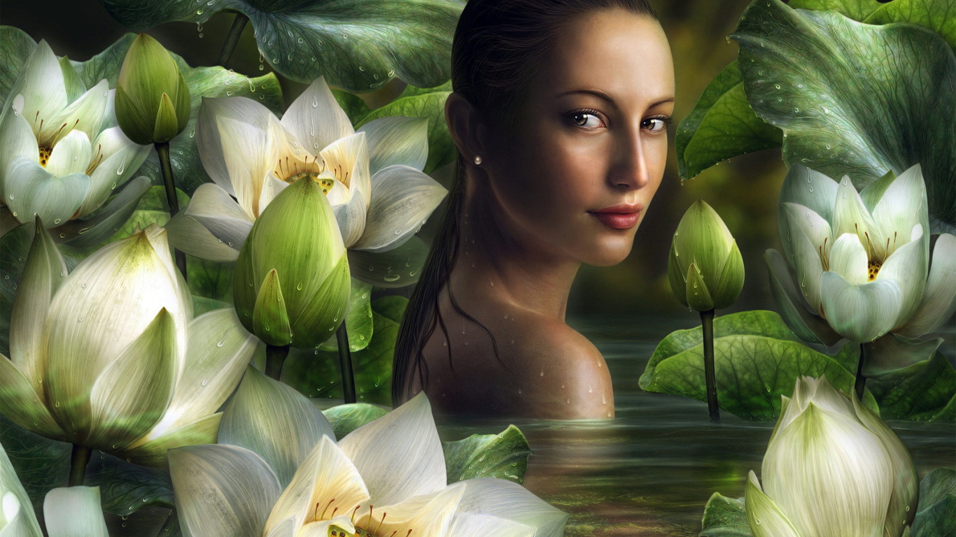 Девушка в воде с лилиями