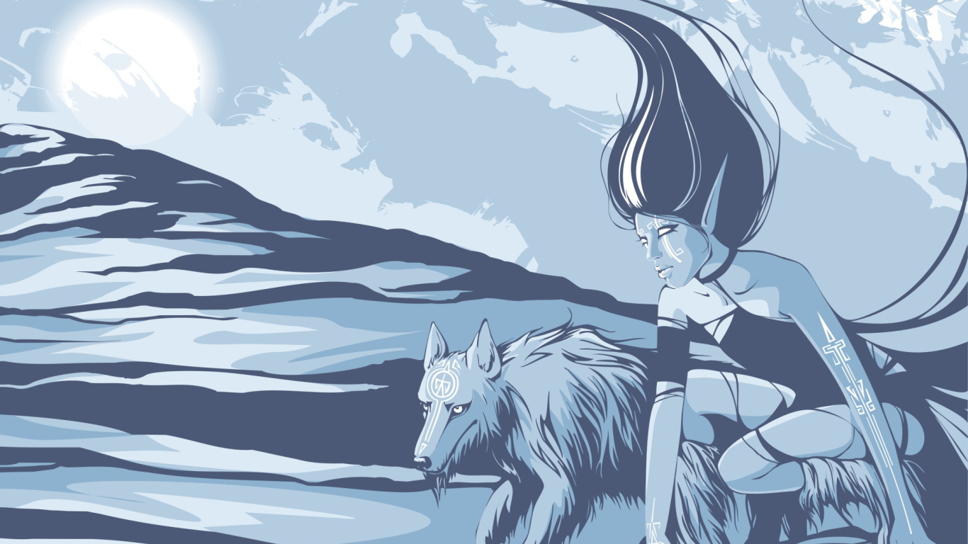 Девушка и волк в горах