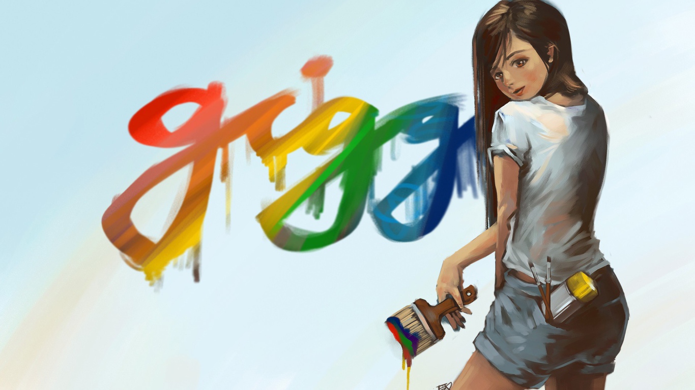 Девушка рисует красками на стене