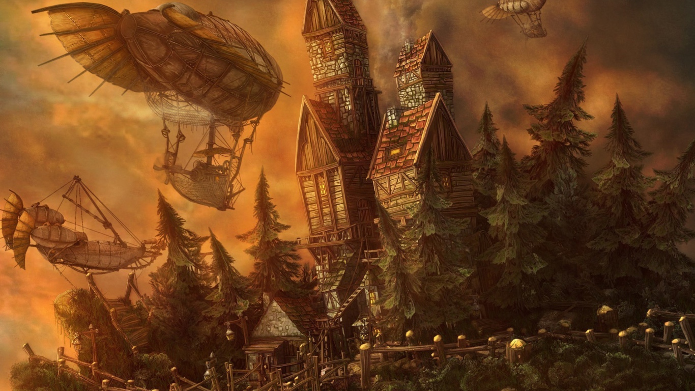 Дирижабли у замка в мире фэнтези