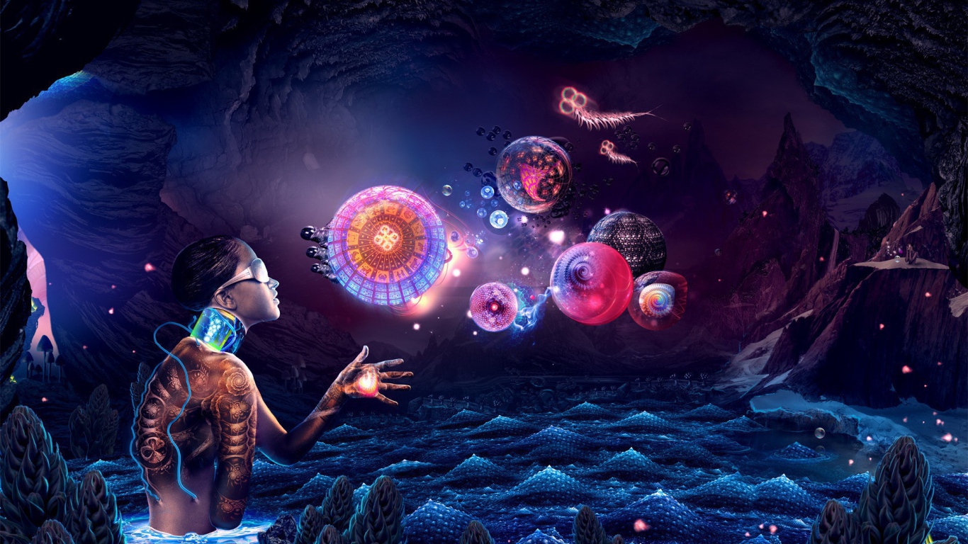 Андроид смотрит на абстрактные сферы