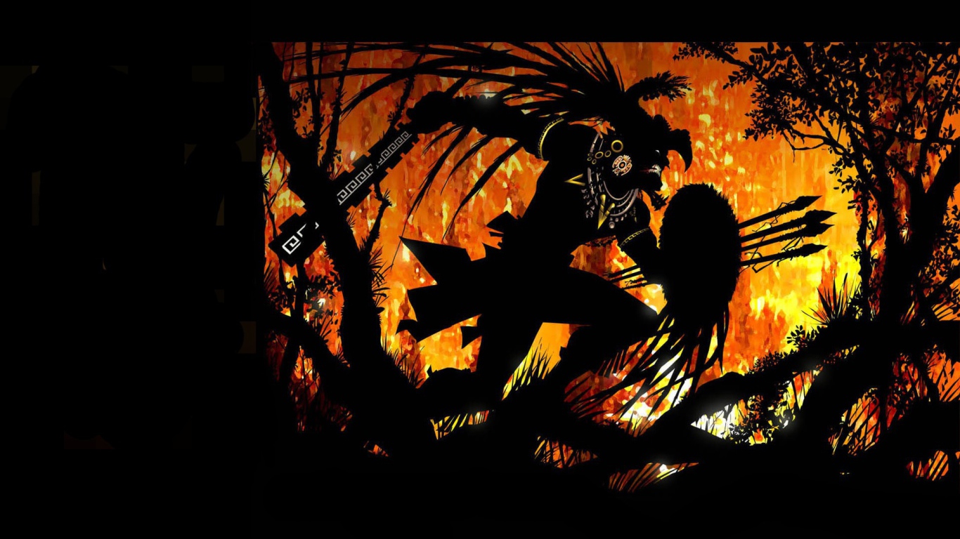 Воин ацтек в горящем лесу