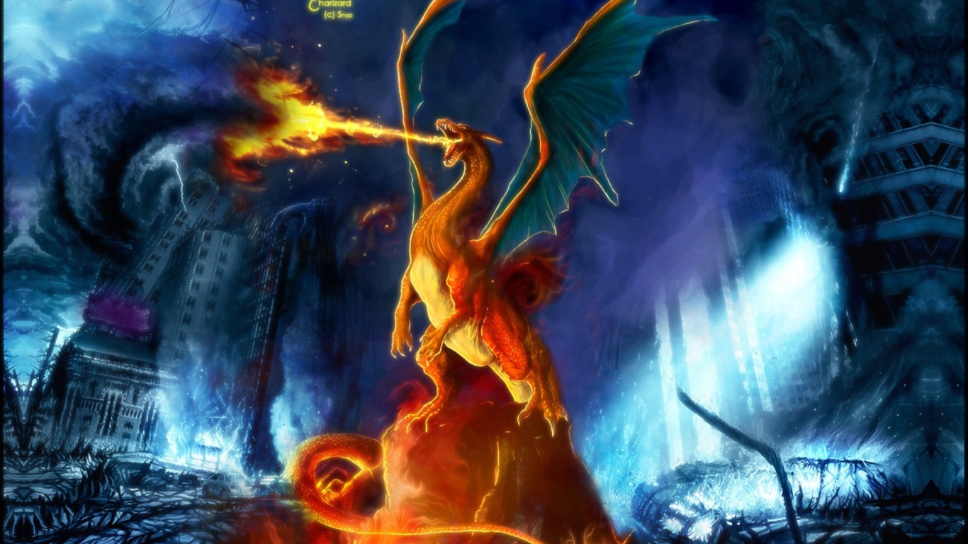 Огнедышащий дракон в городе, Покемоны