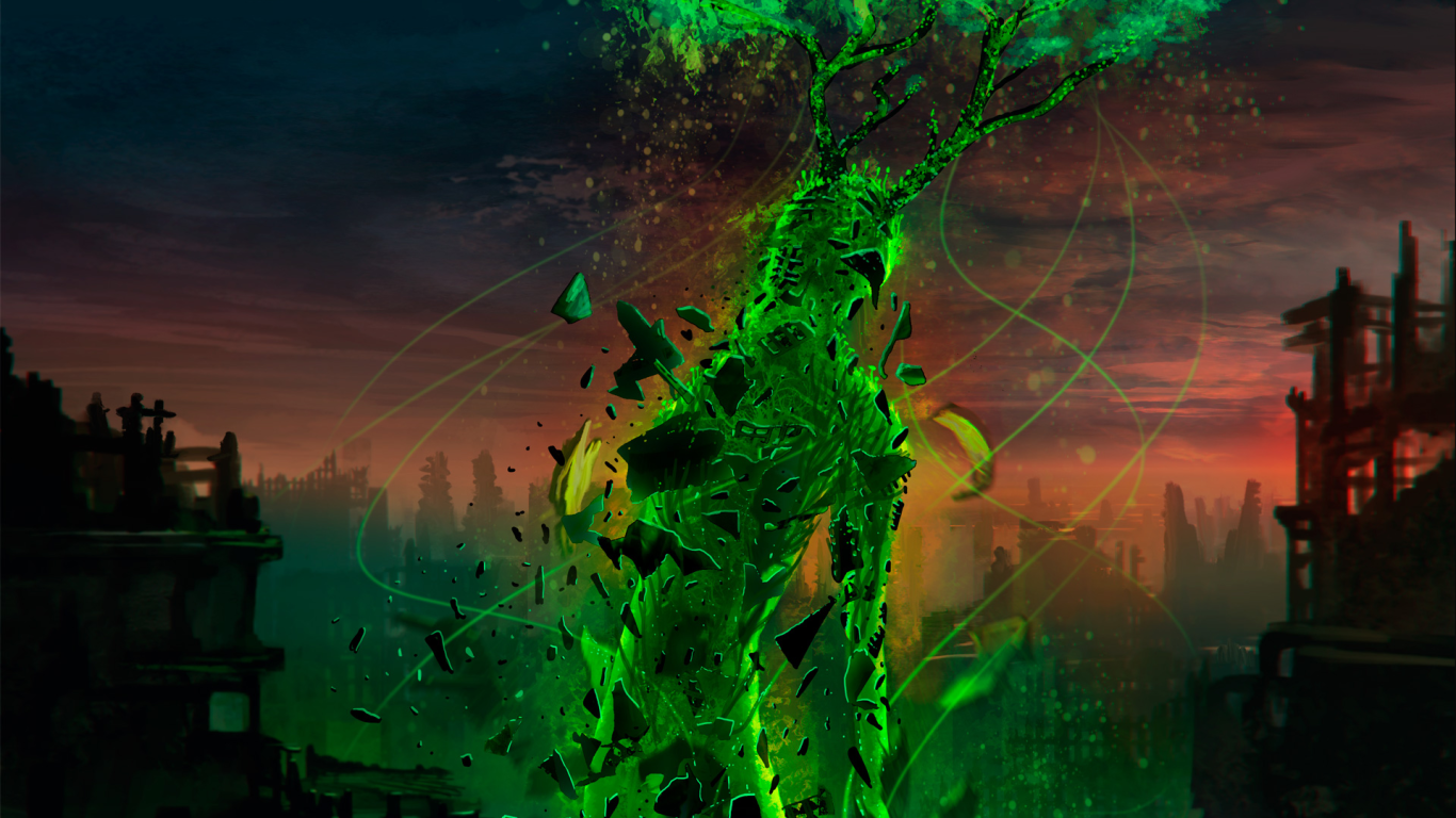 Зеленый персонаж фентези Атом