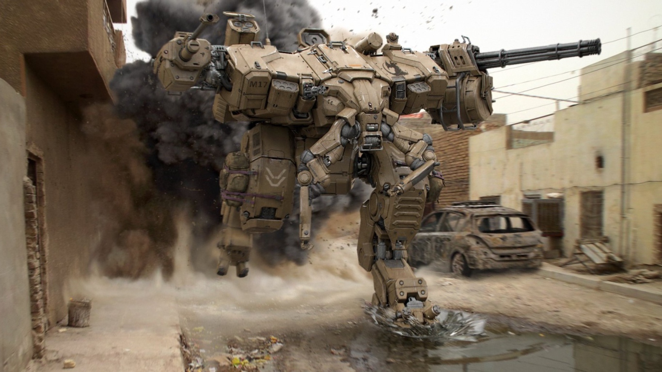 Тяжелый боевой робот бежит по улице