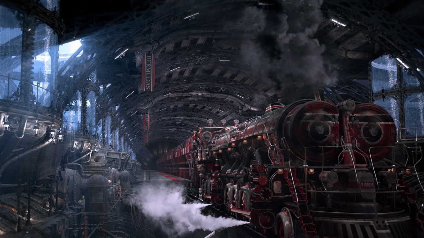 Мощный локомотив на станции, стимпанк