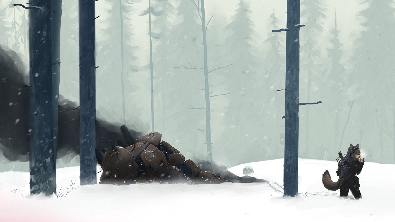 Поверженный робот в зимнем лесу