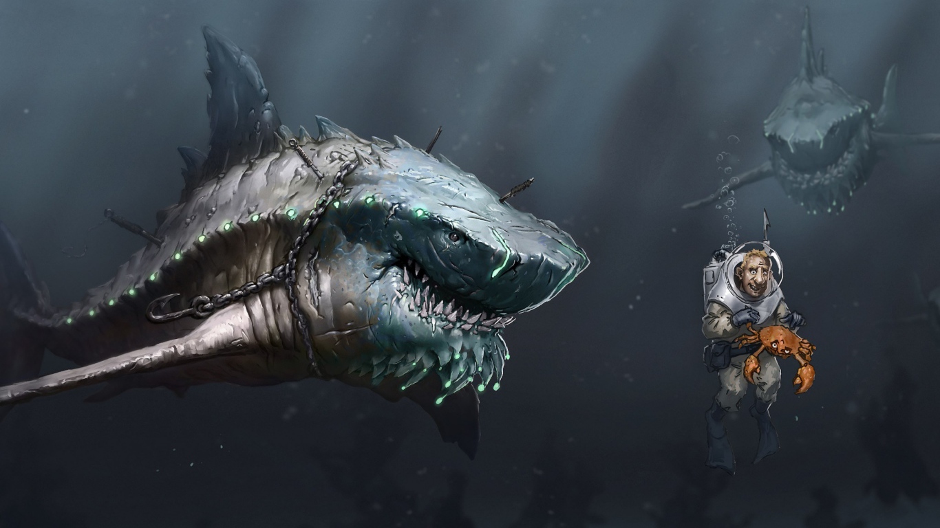 Акула в цепях охотится на дайвера