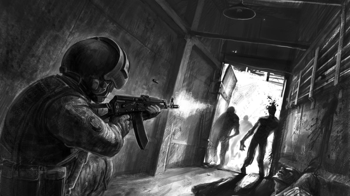 Солдат стреляет в зомби