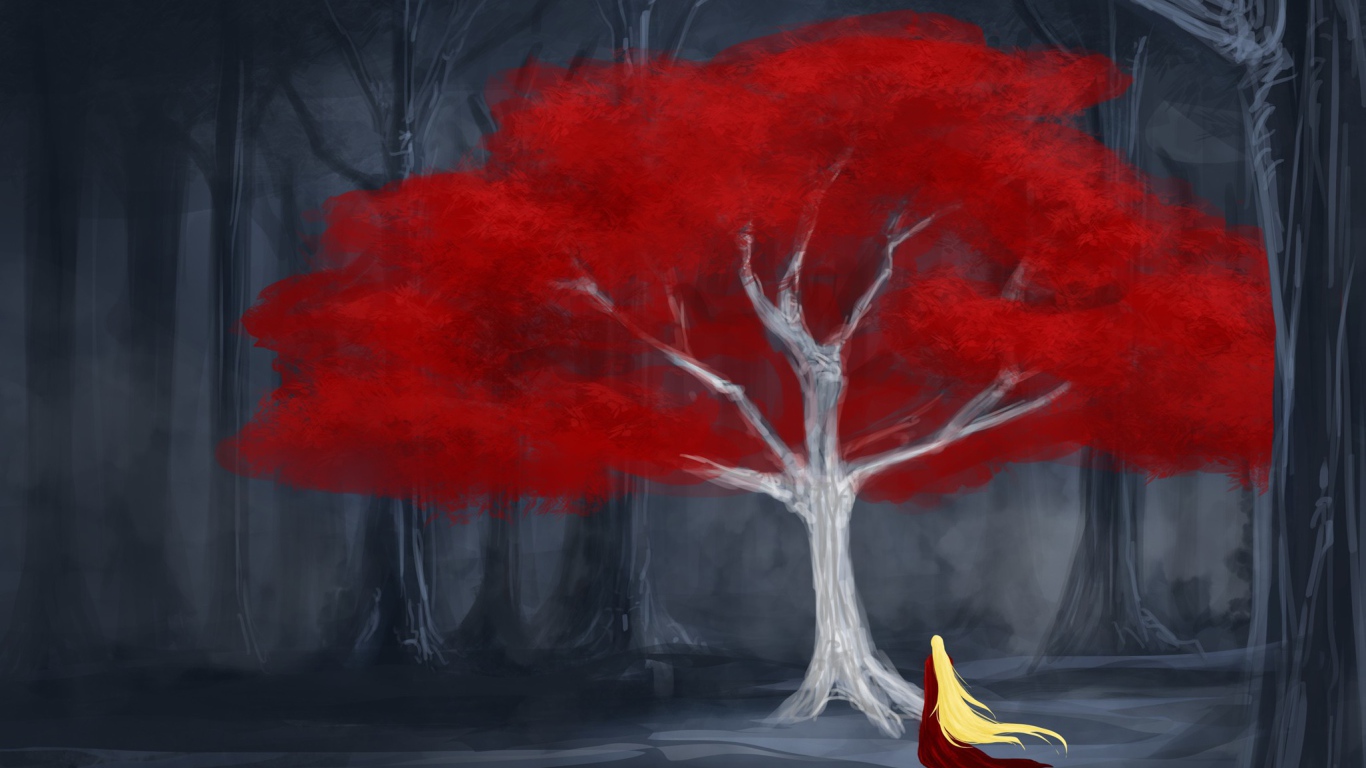 Девушка у красного дерева в мире сказок